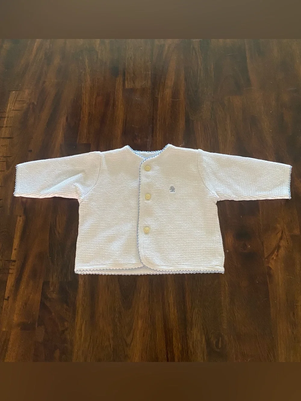 Ralph Lauren White Baby Waffle Knit Cardigan with Light Blue Trim